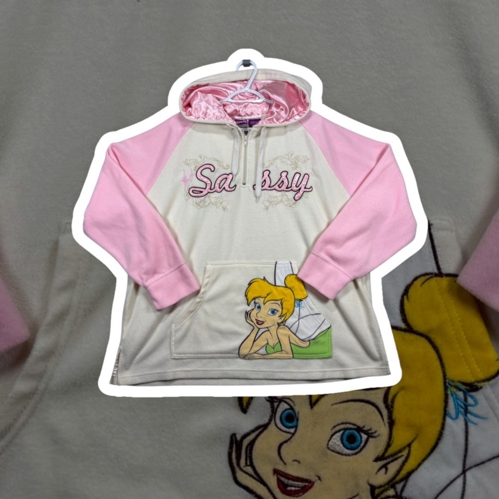 Vintage Disney Tinker Bell Sassy Hoodie Womens 3X Pink Cream Satin Hood 1/4 Zip